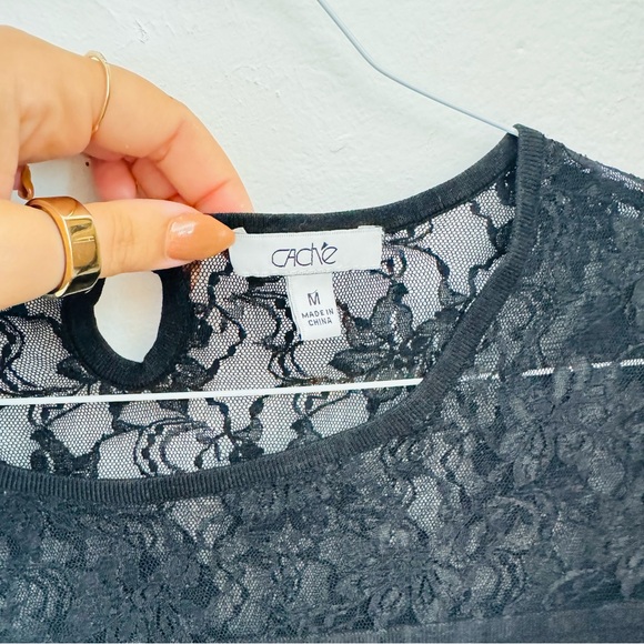 VINTAGE CACHE Sheer Black Lace Keyhole Sweater Knit Silk Blouse Shirt Top M - Picture 3 of 14